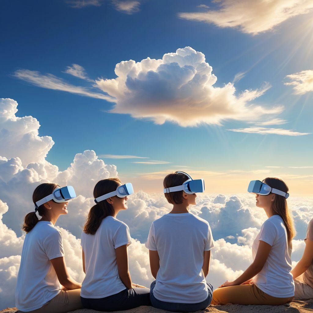 A serene landscape featuring a fluffy white cloud transforming into a clear blue sky, symbolizing emotional clarity. In the foreground, a diverse group of people practicing mindfulness with virtual reality headsets, immersed in calming virtual environments. Soft rays of sunlight break through the clouds, casting a warm glow on their faces. The image should capture a sense of hope and resilience, blending natural elements with technology. vibrant colors. super-realistic.