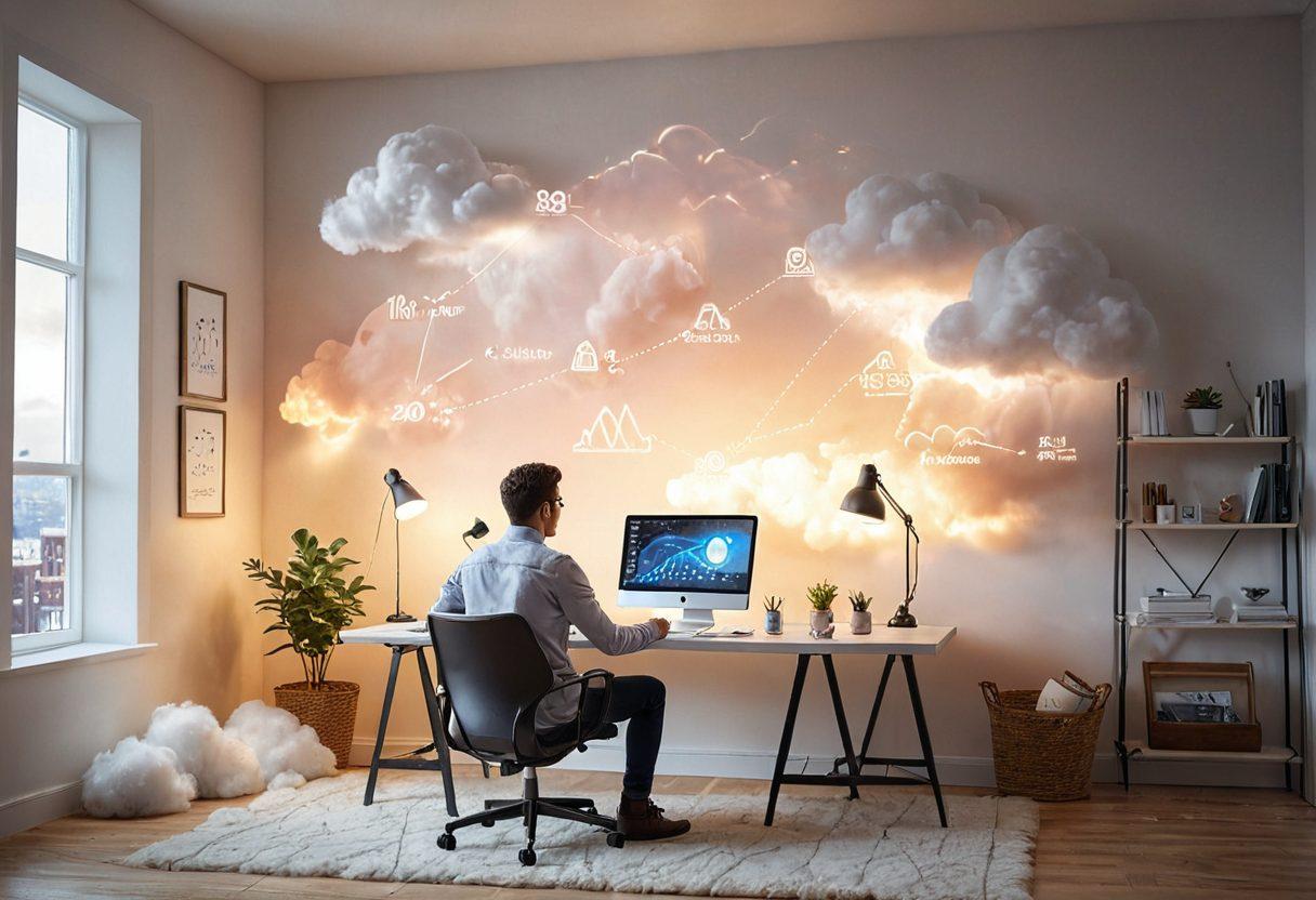 A person sitting in a cozy, minimalist virtual workspace, surrounded by soft clouds representing 'the cloud', with uplifting elements like bright sunlight streaming in, symbolizing hope and success. The background should include floating digital icons of productivity and growth, such as graphs and light bulbs to depict ideas. The scene should evoke a warm, inspiring atmosphere that captures the transition from sadness to success. super-realistic. vibrant colors. soft focus.