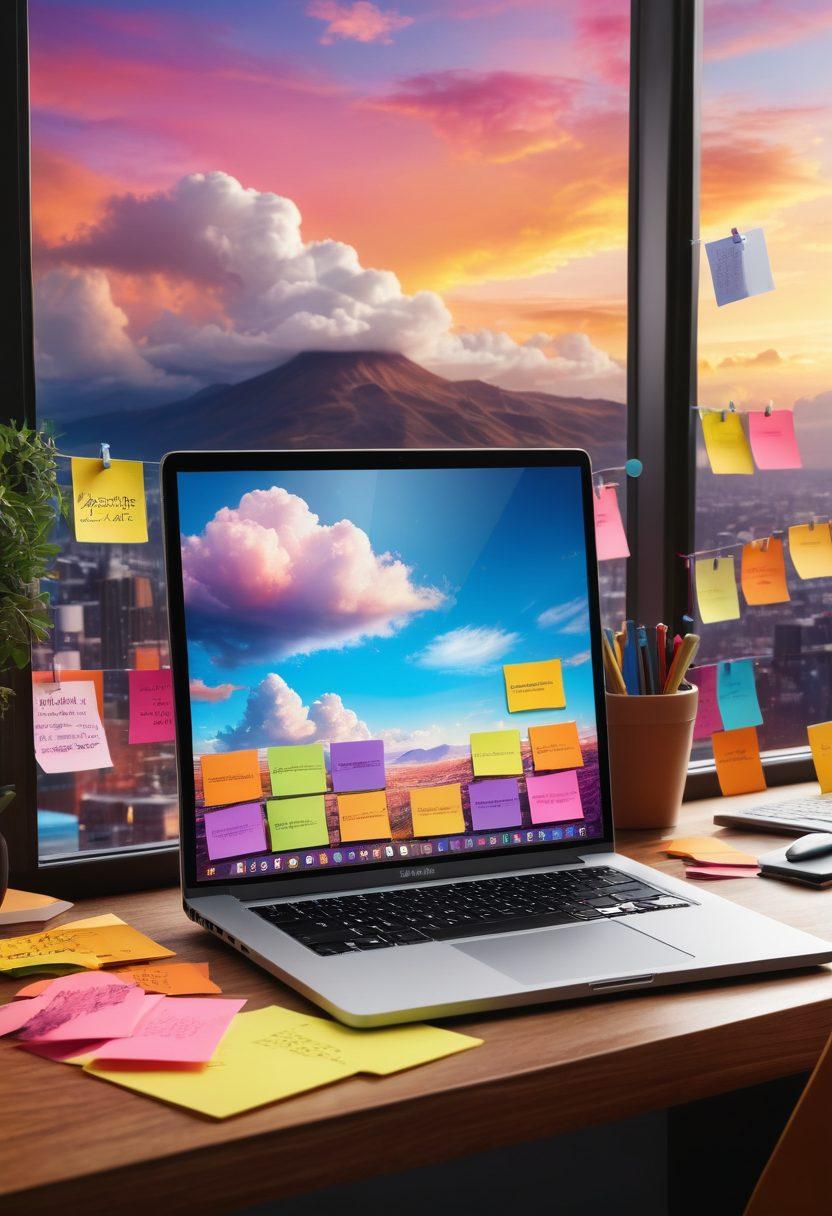 A vibrant and dynamic workspace filled with uplifting elements: a bright desk with a laptop displaying cloud service applications, colorful sticky notes, and motivational quotes on the wall. In the background, a window showing a sunny skyline with floating clouds representing digital data. A subtle transition from dark to light colors symbolizing the shift from sadness to success. super-realistic. vibrant colors. bright background.